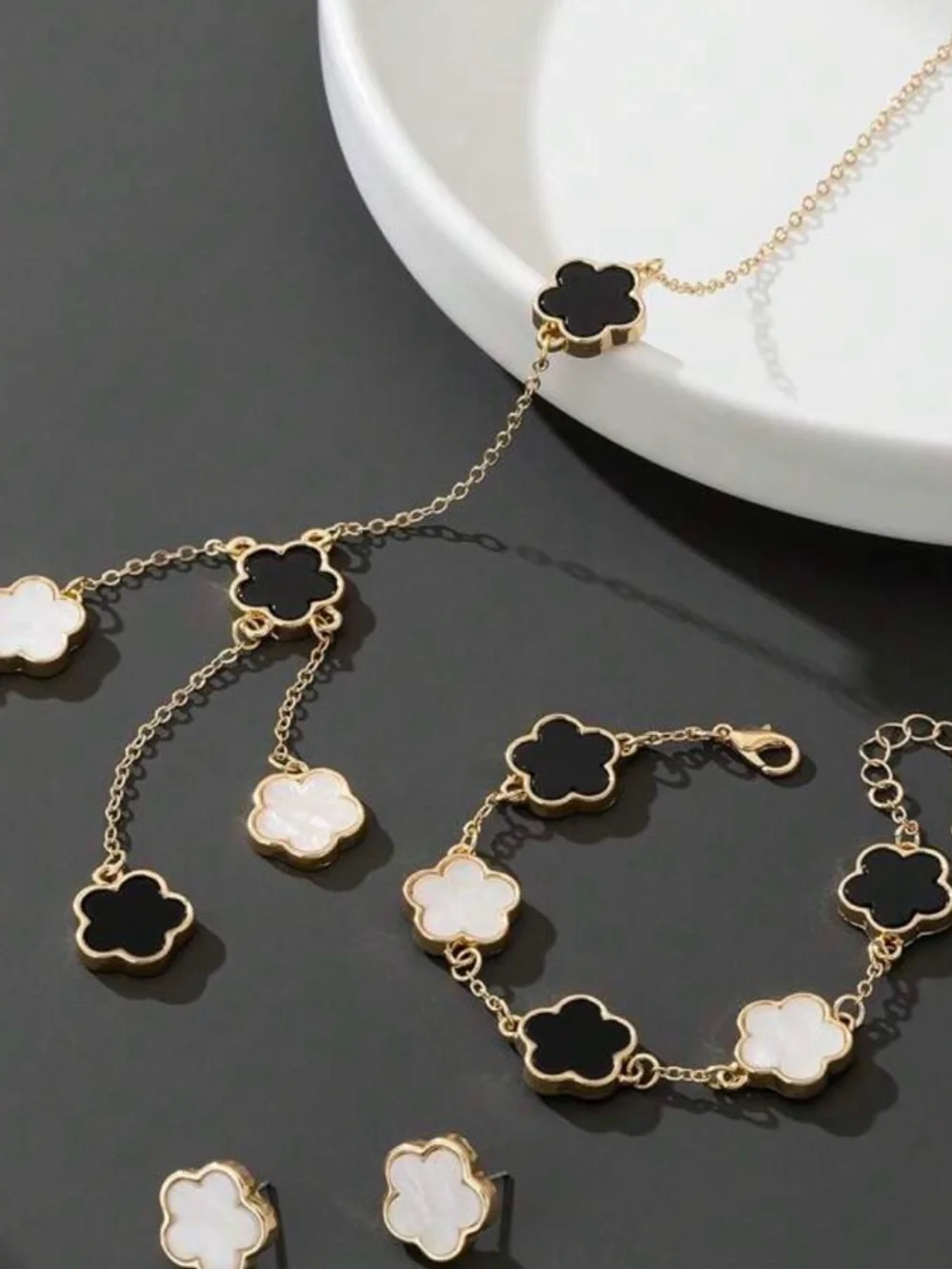 Gold Clover Necklace, Bracelet & Earrings Set - White Inlay - Picture 4 of 8